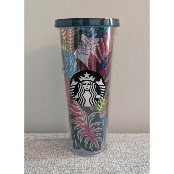 Starbucks Metallic Foil "Aloha" 24oz Tumbler, Tropical Leaves Pattern, NO STRAW - Picture 2 of 5